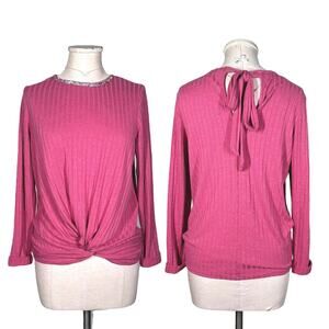 JUICY COUTURE Winter Shine Blouse Beaded Twist Tie Neck Top Ribbed Pink Medium